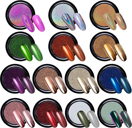 14 Jars Chrome Nail Powder Metallic Nail Art Powder Manicure Chrome Powder with 14 Pcs Eyeshadow Sticks, Red Christmas Chrome Mirror Nail Powder Shiny Glitter Green Chrome Magic Mirror Effect