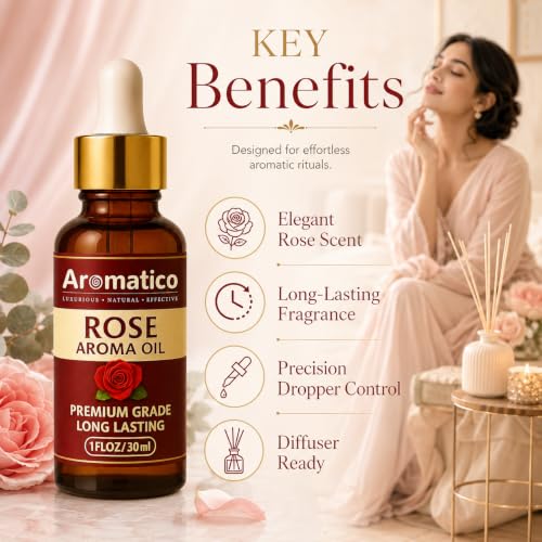 Image of AROMATICO Rose Diffuser Oil for Long-Lasting Natural Fragrance Oil for Aromatherapy, Meditation & Concentration | for Diffusers, Air Fresheners - 30ml