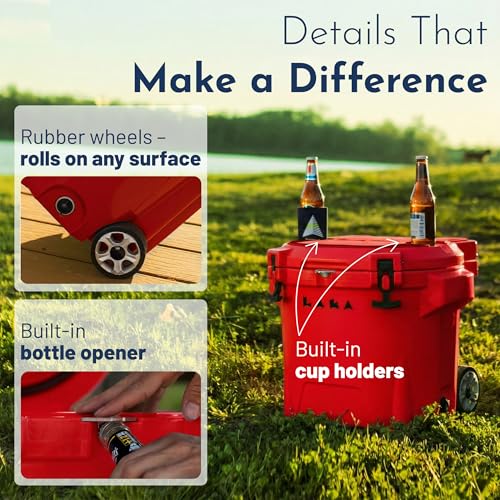 Image of Laka Cooler with Wheels - 30QT Rotomolded Insulated Rolling Hard Cooler, Telescoping Handle, Holds 24 Cans + Ice, Up to 7 Days Cold, Drain Plug, Cup Holders + Bottle Opener, Beach /Camping /Boat