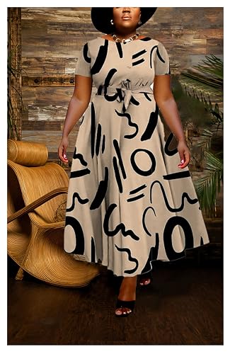 Image of Hostoyo Women Plus Size Formal A Line Maxi Dress Self Tie Waist with Pockets Elegant Round Neck Swing Long Dresses