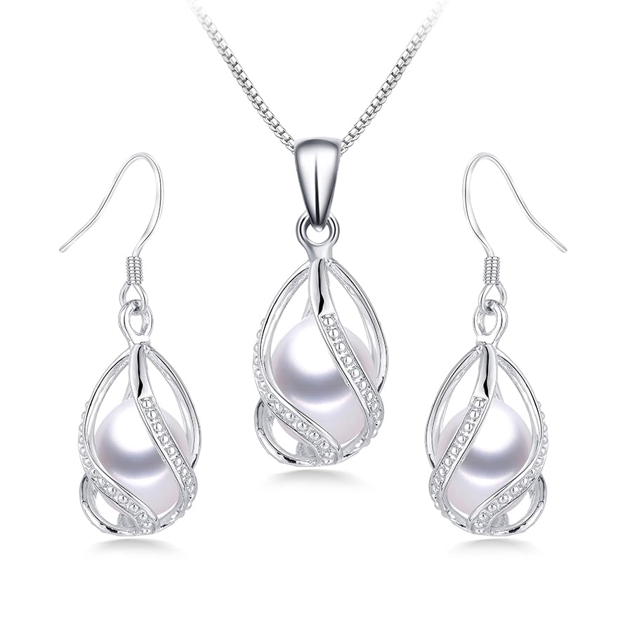 Pearl Jewelry Set For Women S925 Sterling Silver/14K Gold Plated Necklace & Earrings Set Freshwater Pearl Pendant Cage Set for Wedding Anniversary Prom Birthday Gift