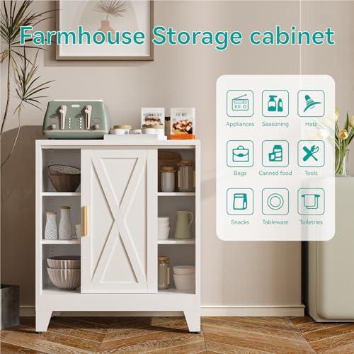 Image of 37 inch H Coffee Bar Storage Cabinet with Sliding Door and Adjustable Shelves,31.5 inch Wide by 15.8 inch Deep Small Metal Cabinet,Buffet Sideboard for Living Room Kitchen,White