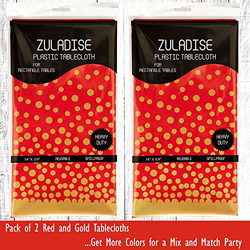 Zuladise 2 Pack Red Table Cloths For Parties Disposable Red Plastic Tablecloth Premium 8Ft Red And Gold Tablecloth For Graduation, Birthday, Christmas Party Table Cover For Rectangle Tables #TOP5