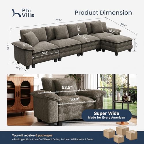 Image of PHI VILLA Cloud Modular Couch Sets, 157.5 inch Oversized Sectional Sofa with L-Shaped Chaise, 5-Seater Upholstered Couches with Movable Ottoman for Living Room, Chenille Smoky Grey