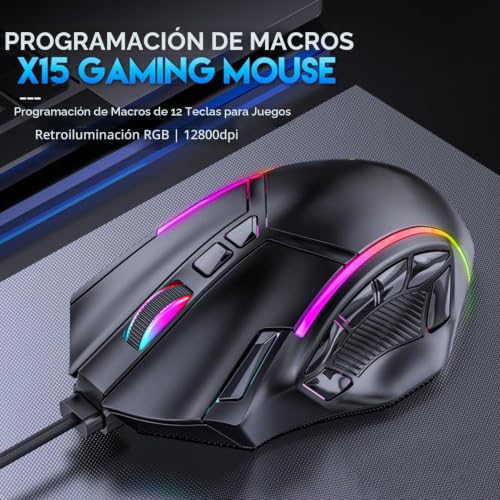 Ratón RGB para juegos Annadue de 12800DPI con 12 teclas macro programables y cable 3