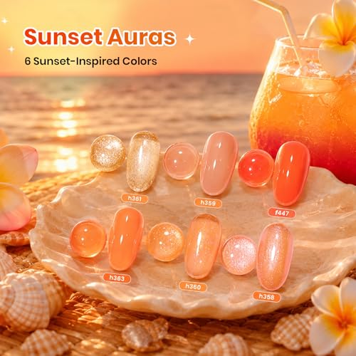 Image of Beetles Orange Gel Nail Polish Set - Summer Sunset Auras Shimmer Gel Polish, 6 Colors Sunrise Tangerine Coral Orange Gel Nail Art, Soak Off Uv DIY Salon Manicure Kit Gift for Women