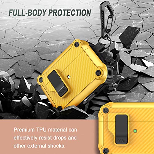 Rfunguango For Airpods Pro 2Nd /1St Generation Case Cover, Automatic Pop-Up Carbon Fiber Case With Secure Lock Clip, Full Body Shockproof Hard Shell Protective Case For Airpods Pro 2022/2019 - Yellow #TOP3