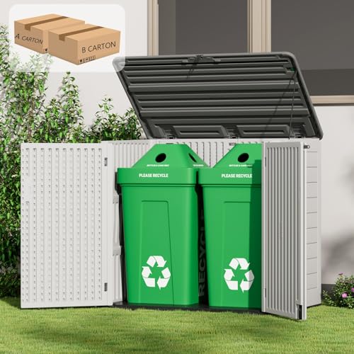 Image of ZZM Large Outdoor Storage Shed, 48 Cu Ft Resin Versatile Storage Cabinet for Patio Accessories, Trash Cans & Garden Tools, Durable Horizontal Storage Box with Lockable Lid (White)