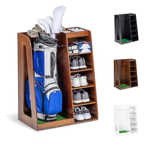 GoSports Premium Wooden Golf Bag Organizer and Storage Rack – Black, White or Brown Finish