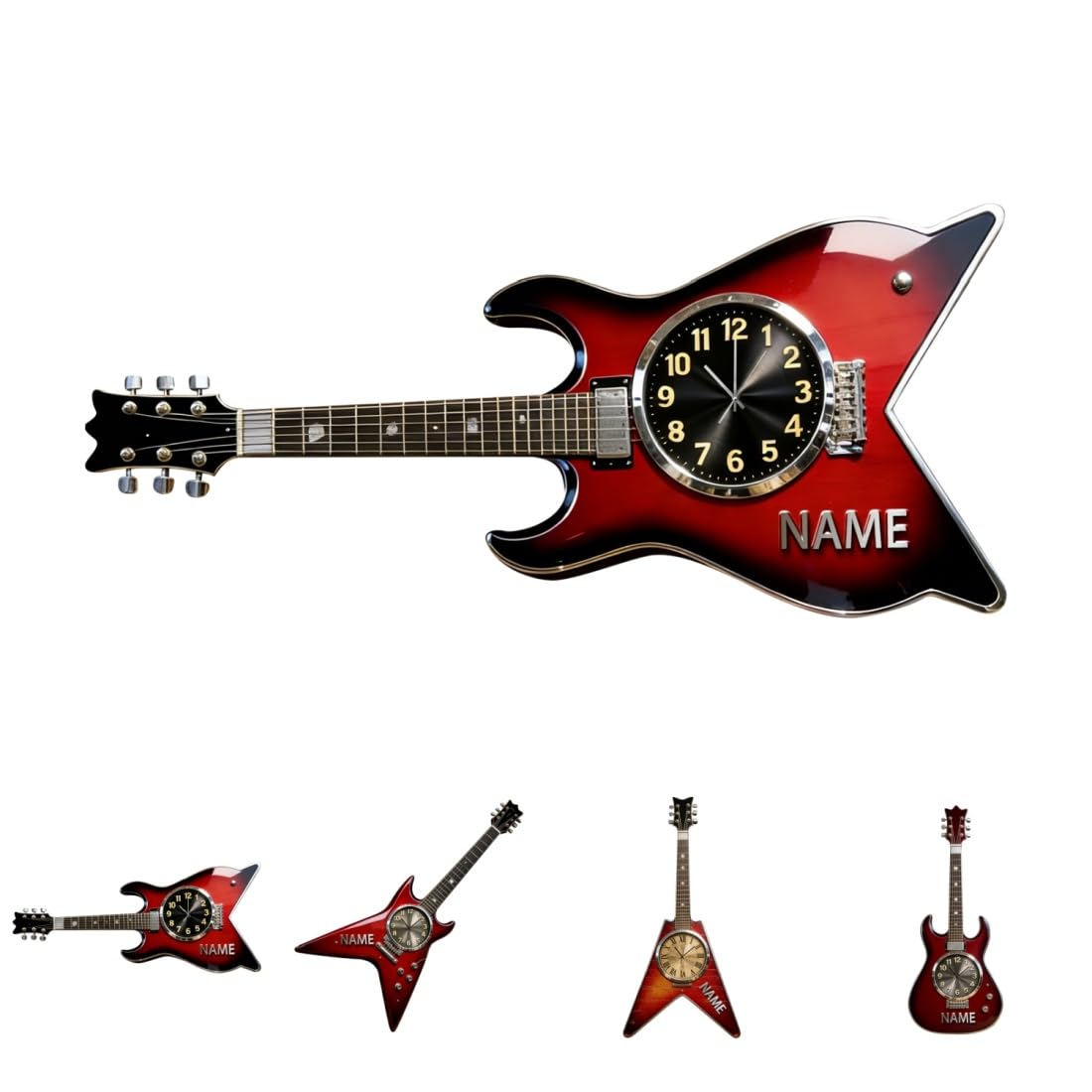 GOOBRRL Personalized 2D Flat Electric Guitar Themed Wall Clock Custom Name Guitar Shaped Hanging Clock Music Wall Art Bedroom Decor Music Lover Gift for Men Woman Christmas Birthday Valentine's Day
