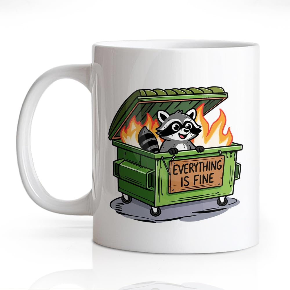 Gkodw Everything is Fine Funny 11oz Double-Sided Ceramic Mug, Dumpster Fire Raccoon Mug for Women Men, Office Cup Gifts for Coworker Friend, Sarcastic Birthday Gifts for Colleague Teacher Nurse Family