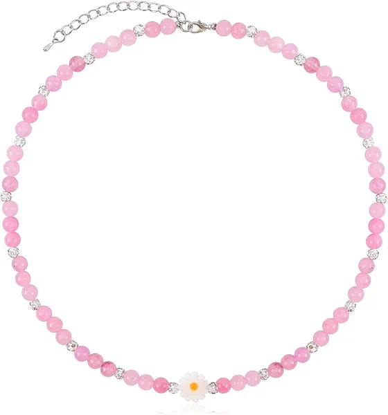 Bohemian Pink Beaded Necklace for Women with Cute Daisy Charm Natural Stone Crystal Beads Choker Necklace Glass Beads Y2K Preppy Statement Necklace Adjustable Boho Sring Summer Beach Jewelry Gift