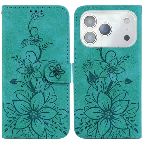 Étui iPhone 16 Plus vert motif floral avec clapet magnétique en cuir et fentes pour cartes