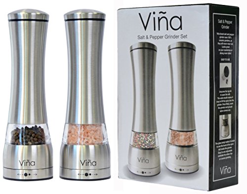 Vina Manual Salt and Pepper Grinder Set, Best Stainless Steel Refillable Pepper Mill with Adjustable Coarseness for Himalayan Salt, Pepper and Other Spices, Pack Of 2