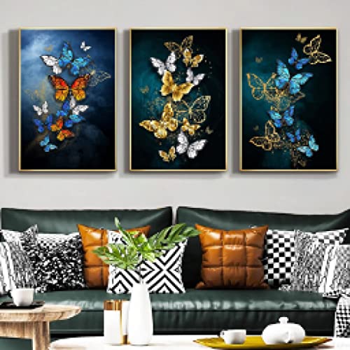 Peinture Murale Papillon Bleu et Or 30x45cm - Toile Moderne Minimaliste pour Salon