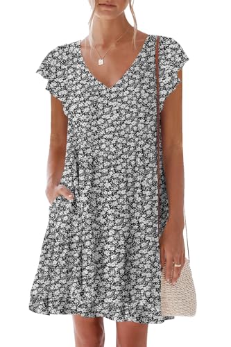 nclook Womens Summer Casual Dresses Sweet Cute V Neck Mini Dress with Pockets Ruffle Short Sleeve Flower Black