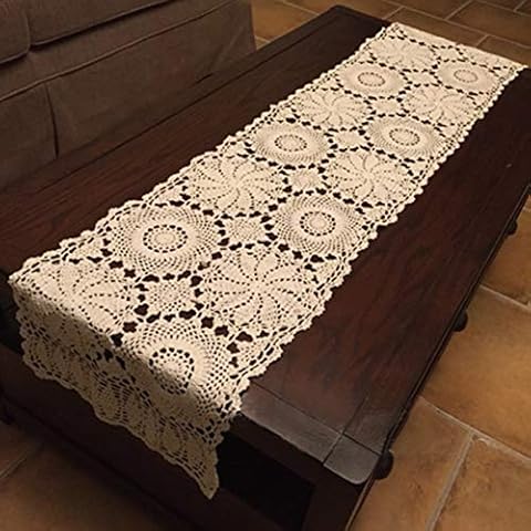Damanni Rectangular Cotton Handmade Crochet Lace Table Runner Doilies Table Dresser Scarf,14 Inch by 55 Inch，Beige Cover