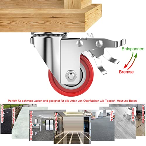 Deutnart Möbelrollen 38mm Lenkrollen mit Bremsen, [4 Stk bis 200kg] Schwerlastrollen Set Leise Schwenkrollen Polyurethan Transportrollen Räder für Möbel ohne Spuren Rollen für Palettenmöbel