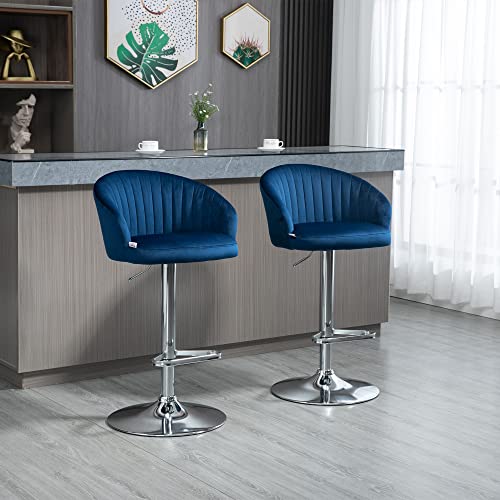 Homcom Adjustable Bar Stools Set Of 2, Modern Counter Height Barstools, Fabric Upholstered Kitchen Stools With Swivel Seat, Steel Frame, Footrest, Blue #TOP1