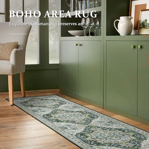 Deerly Green Boho Runner Rug 2x7 Washable Hallway Runner Vintage Throw Rug Non-Slip Low-Pile Floor Carpet for Kicthen Indoor Front Entryway Bathroom Bedroom, Green/Multi