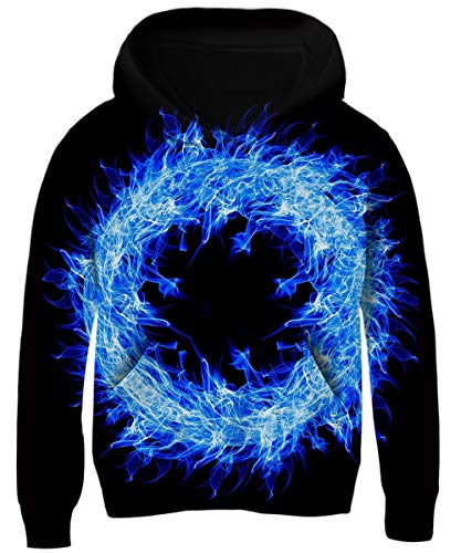 AIDEAONE Boys Hoodies Navy Blue Pullover Hoodies Sweaters for Boys 3D Fire Jacket Casual Long-Sleeve Tops with Plush 13-14T