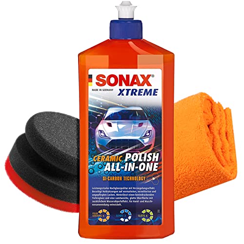 detailmate Politur Bundle - SONAX Ceramic Polish All-in-One 0,5L + Garage Freaks Handpolierschwamm + detailmate Mikrofasertuch 550GSM - Auto Handpolitur Set