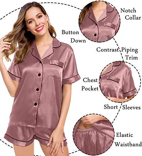 Image of LecGee Womens Silk Satin Pajamas Short Sleeve Loungewear Two-Piece Sleepwear Button-Down Pj Set