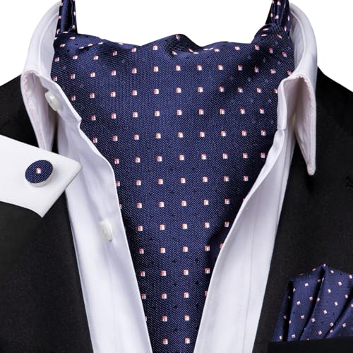 Image of Hi-Tie Silk Ascot for Men Self Tie Men's Cravat and Flower Lapel Pin Handkerchief Cufflinks Set for Wedding Party