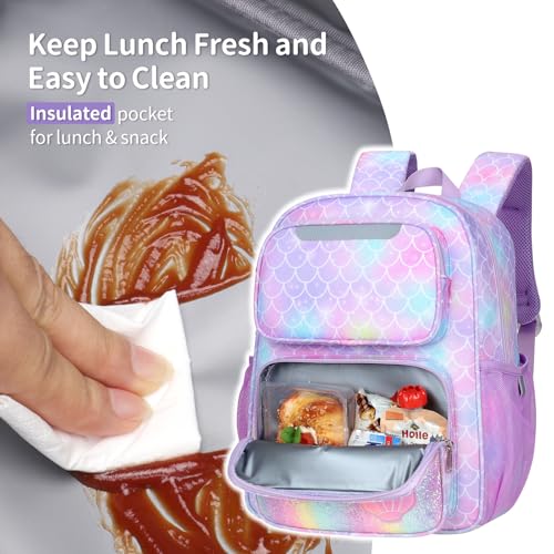 Kids Backpack and Pencil Case for Girls Bundle, 15 Inch Mermaid Backpack for Girls 3 to 8 and Purple Tie-dye Pencil Case for Girls4