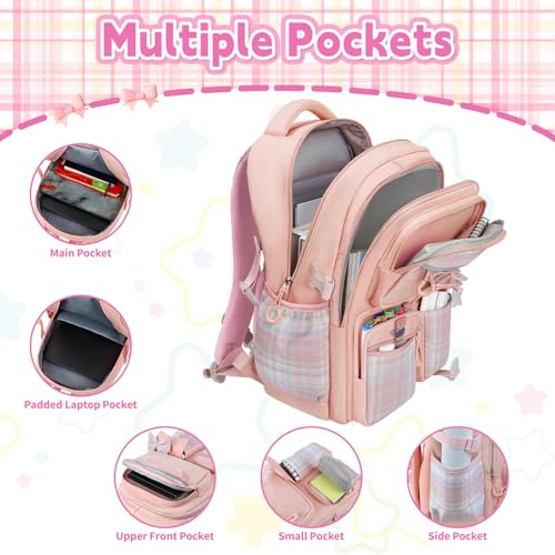 Girls Backpack with Lunch Box Set, 5pc Pink Cute Kawaii Bookbag for Teens, Aesthetic School Backpack for Elementary3