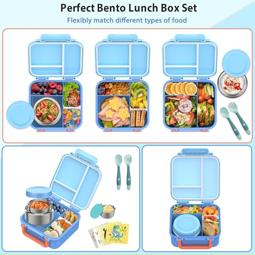 Image of Kids Bento Lunch Box with 9oz Soup Thermo Leakproof Lunch Food Containers 4 Compartment with Insulated Hot Food Jar for Kid Toddler Girls Boys to School, Trvael