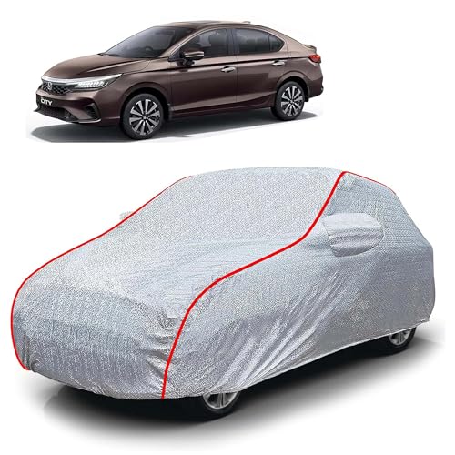 Image of Sulfar 100% Waterproof Car Body Cover Compatible with Mirror for Honda City ZX (Triple Stitched, Full Bottom Elastic, Magic Silver with Red Piping)
