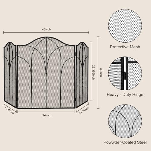 Image of Hogardeck 3 Panel Fireplace Screen, 48 inch x 30 inch Fireplace Cover for Living Room, Decorative Wrought Iron Fire Place Gate for Brick Fireplace, Baby Proof, Pet Safety