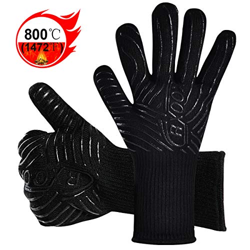 Gants de Barbecue Résistant à la Chaleur jusqu'à 800ºC, [1 Paire] Certifié EN407, Universel Gants de Cuisine en Silicone, Idéal pour Grill BBQ Micro-Ondes Four de Cuisson Coin du Feu Cheminée (Noir)