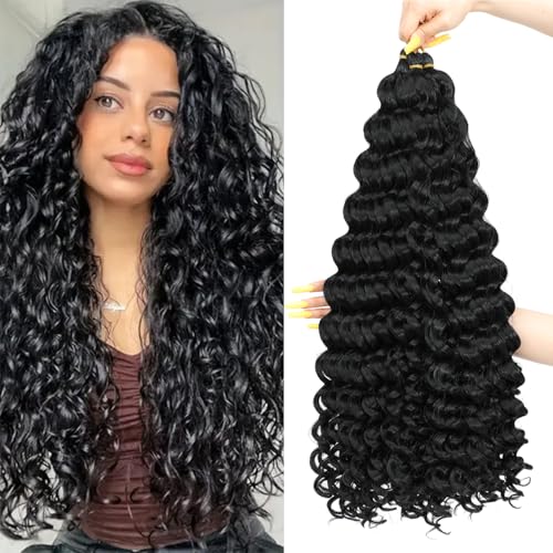 AMLUCKS Deep Wave Braiding Hair for Black Women Girls Synthetic Ocean Wave Crochet Hair Extensions for Boho Braids (1B#, 22inch-3)