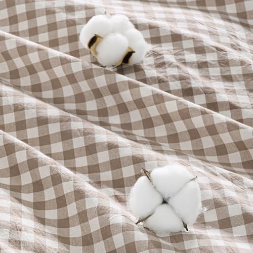 Image of Andency Tan Gingham Duvet Cover Full, 100% Wash Cotton Linen Like Textured Breathable Comforter Cover Set, 3 Piece Brown Classic Yarn-Dyed Checkered Plaid Bedding Set, 79 inch*90 inch