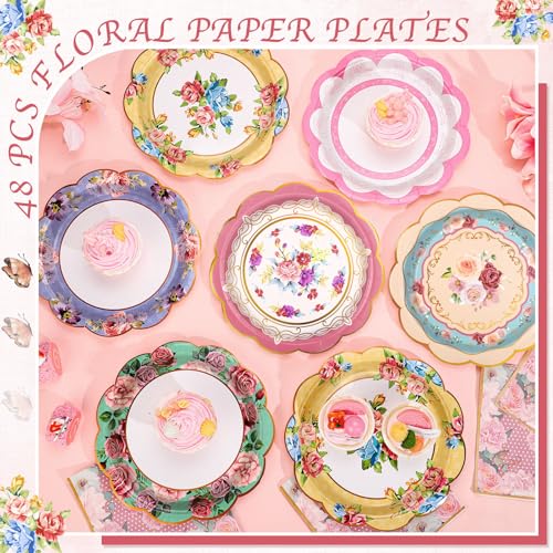 NatNarr 48 Pcs Floral Tea Party Paper Plates, 9 inch Disposable Vintage Paper Plates Garden Party Decoration for Birthday Baby Shower Bridal Wedding - Thumbnail 3