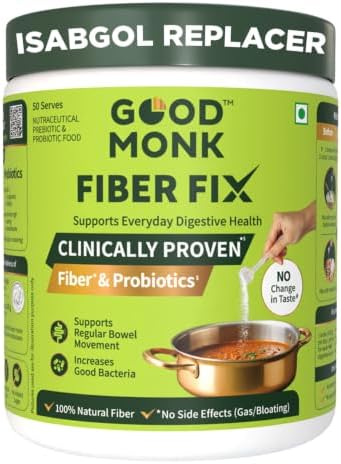 Good Monk Fiber Fix | Constipation, Bloating & Gas Relief | Prebiotic Soluble Natural Fibre Supplement Powder + Probiotic | Isabgol Replacer | 50 Servings | No Side Effects, No Taste Change, No Grit