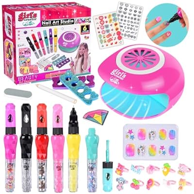 JONRRYIN Salón de uñas para niños y niñas juego de 33 regalos para niñas diseño de uñas para niños máquina de maquillaje salón de uñas arte de uñas para 6 7 8 9 10 11 12 años