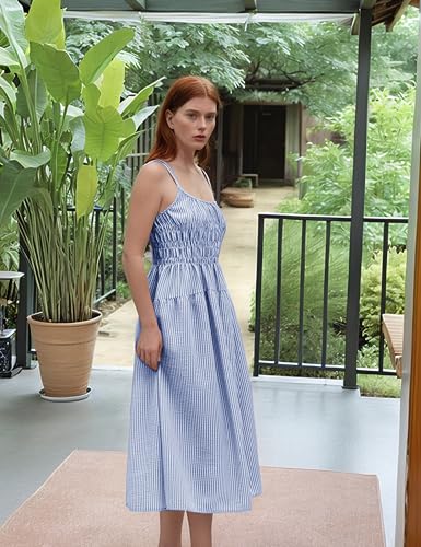 Image of Women's 2025 Summer Striped Smocked Maxi Dress Sleeveless Boho Sundress Double Strap Flowy Swing for Beach Vacation