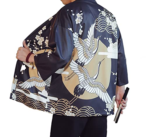 Image of PRIJOUHE Men's Lightweight Kimono Jacket Seven Sleeve Open Front Cardigan Coat Japanese Style Bathrobe