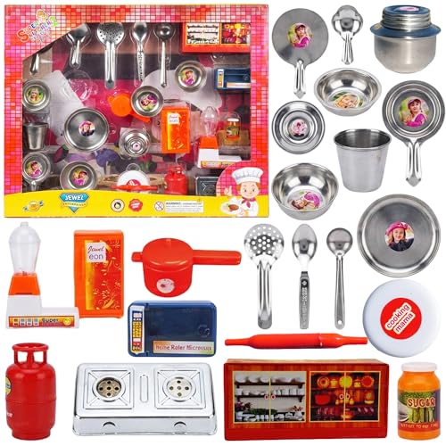 Image of DZLING Kids Steel Kitchen Set Toys, Traditional Indian Cooking Playset with Utensils, Gas Stove, Blender, Chakla Belan Accessories, Role Play Pretend Cooking Toy for Boys & Girls (Super Kitchen)