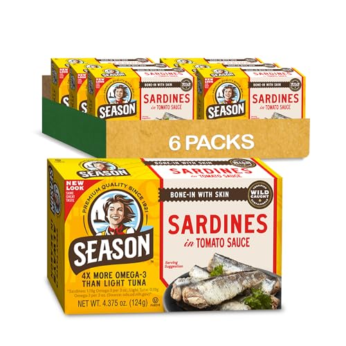 Season Sardines in Tomato Sauce - Wild Caught, 22g of Protein, Keto Snacks, More Omega 3's Than Tuna, Kosher, High in Calcium, Canned Sardines - 4.37 Oz Tins, 6-Pack