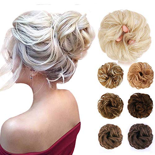 HMD Messy Bun Hair Piece Hair With Elastic Rubber Band Extensions Hairpiece Synthetic Hair Extensions Scrunchies Hairpiece for Women (Curly Hair Bun, Light Golden Brown Mix Natural Blonde)