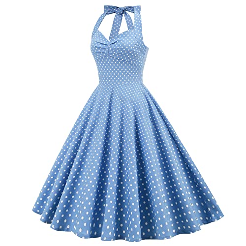 Women 50s Vintage Polka Dot Halter Cocktail Swing Dress Buttons Floral 1950s Rockabilly Audrey Hepburn Prom Tea Party Dress2