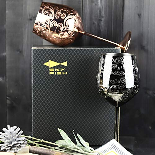 Sky Fish Stainless Steel Wine Glasses With Black Plated,Etched With Intricate And Authentic Baroque Engravings,Royal Style Wine Goblets,Set Of 2(17Oz) #TOP4