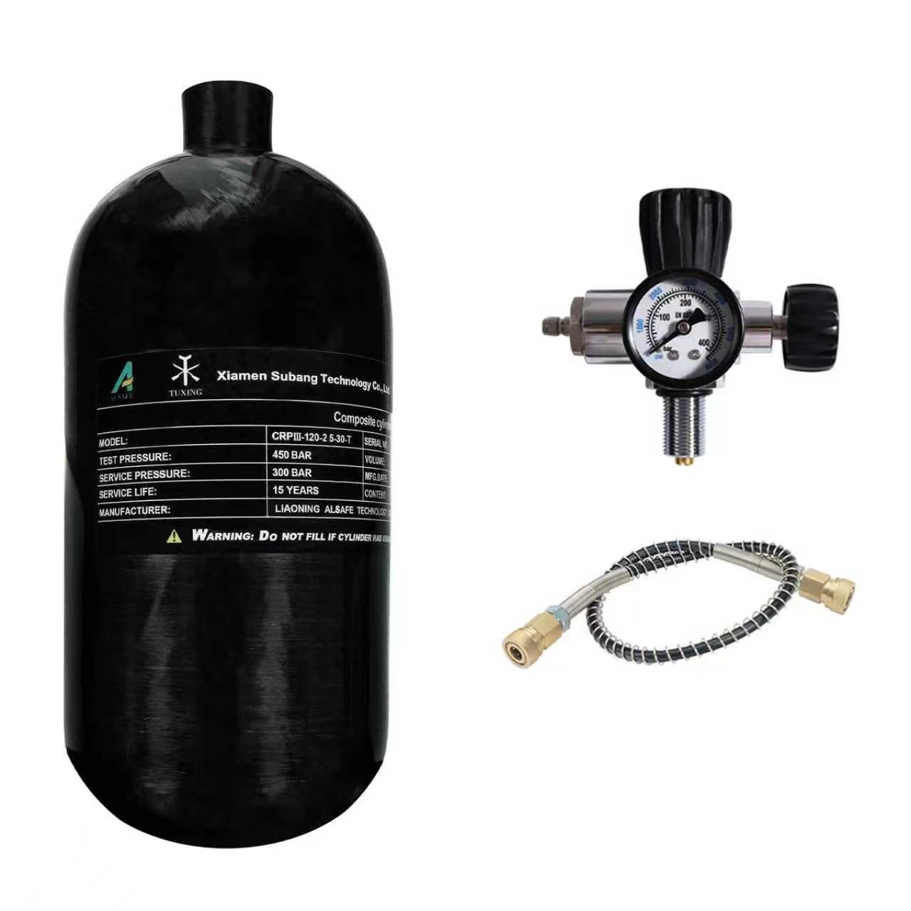 TUXING 4500Psi Réservoir d'air HPA Paintball en fibre de carbone, 2,5 L en fibre de carbone avec régulateur de valve pour réservoir de plongée de fusil à air comprimé PCP (bouteille vide) M18 x 1,5