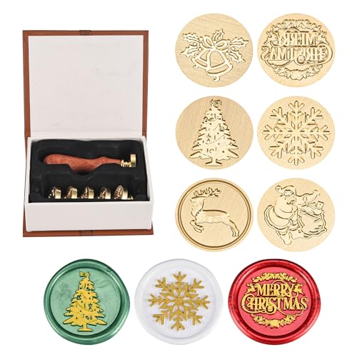 Yoption 6 Pcs Wax Seal Stamp Set Vintage Christmas Sealing Wax Stamps Kit Wooden Handle with Brass Head for Christmas Invitation Gift Cards