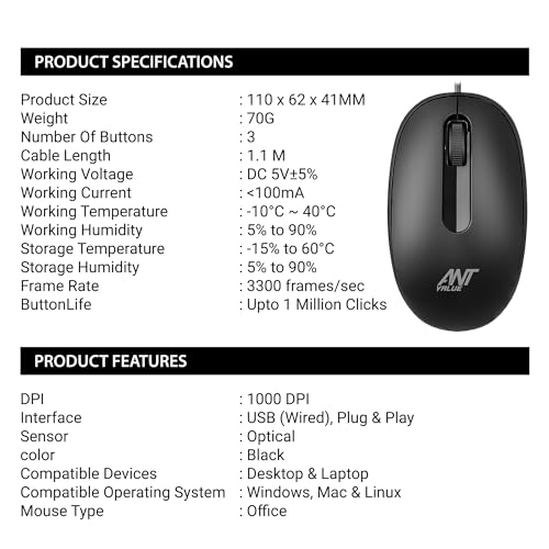 Ant Value OM120 Wired Optical Mouse, 1000 DPI, 3ft Cable, Easy and Accurate Scroll Button, Optical Sensor Computer Mouse, Left and Right-Hand Use... - Image 7
