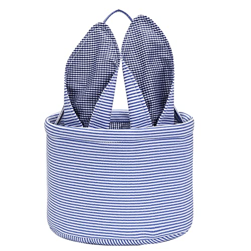 Image of XinblueCo Easter Bunny Basket Seersucker Egg Bags for Kids,Personalized Candy Egg Basket Rabbit Print Buckets with Fluffy Tail Gifts Bags for Easter(Seersucker Blue)